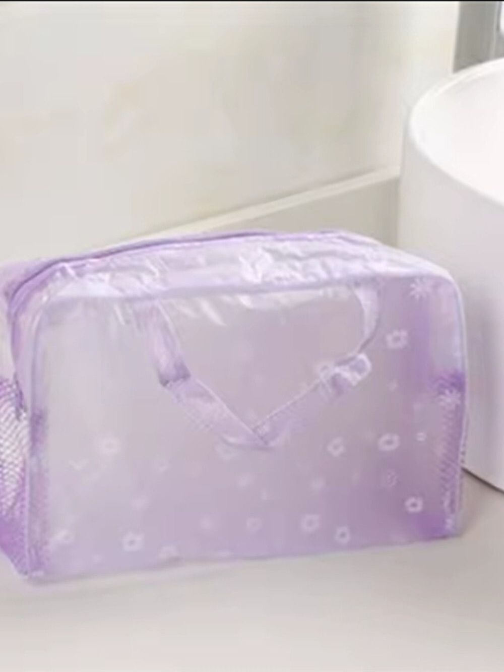 Pink And Purple Floral Cosmetic Bag Clear Travel Makeup Organizer Set Of 2 - Picture 3 of 5